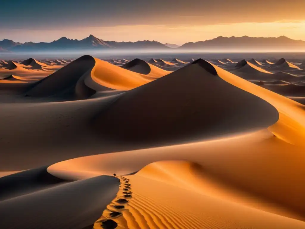 Un paisaje desértico vasto y árido bajo múltiples lunas, con un gigantesco gusano de arena, evocando la esencia de Simbolismos y Profecías Dune