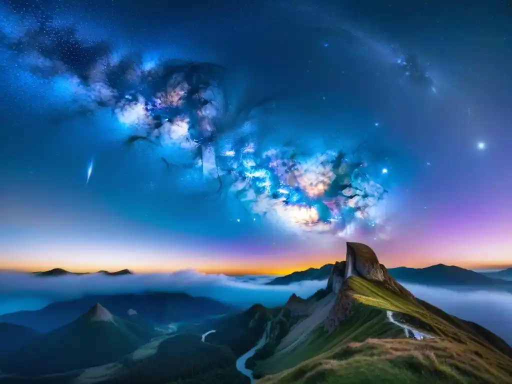 Un paisaje estelar de la Vía Láctea desde la cima de una montaña, con colores vibrantes y estrellas brillantes