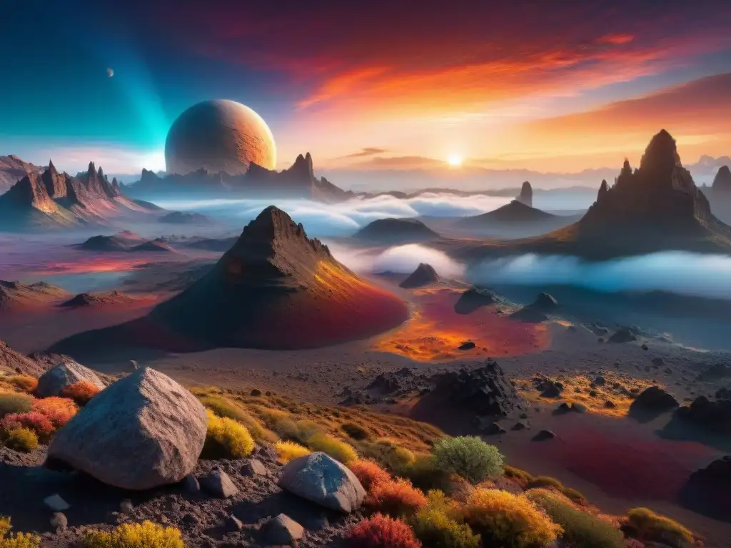 Un paisaje exótico y misterioso de un exoplaneta rocoso rodeado de gases, inspirando la búsqueda de vida