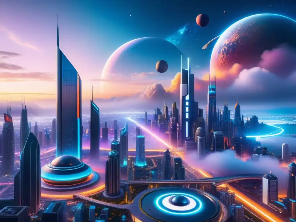 Un paisaje futurista de una ciudad dominada por rascacielos interconectados por redes de luces neón