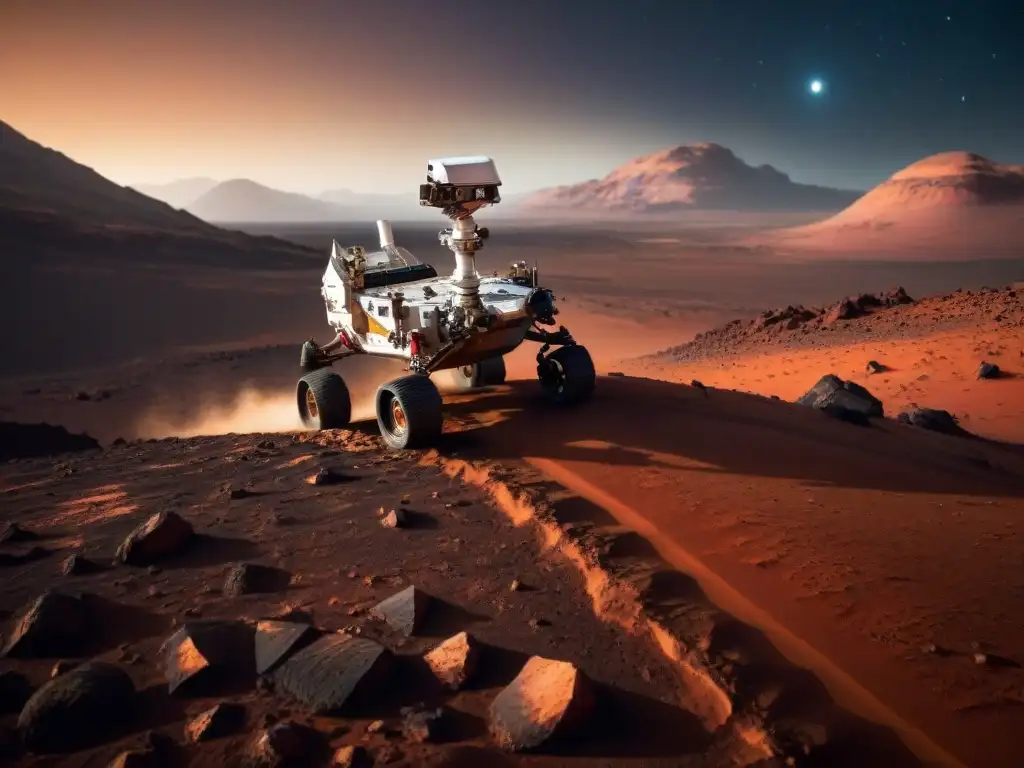 Rover explorando Marte, tecnología y paisaje marciano en una noche estrellada