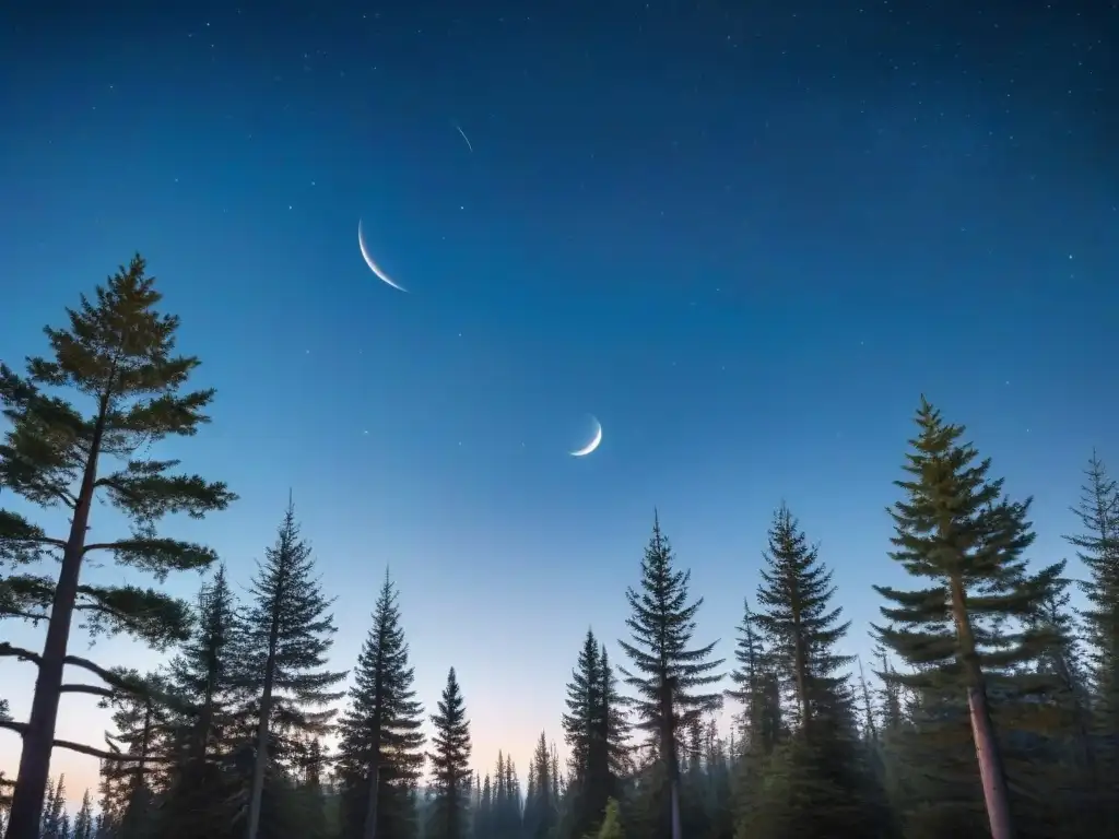 Un paisaje nocturno místico con la luna creciente y altos pinos en silueta