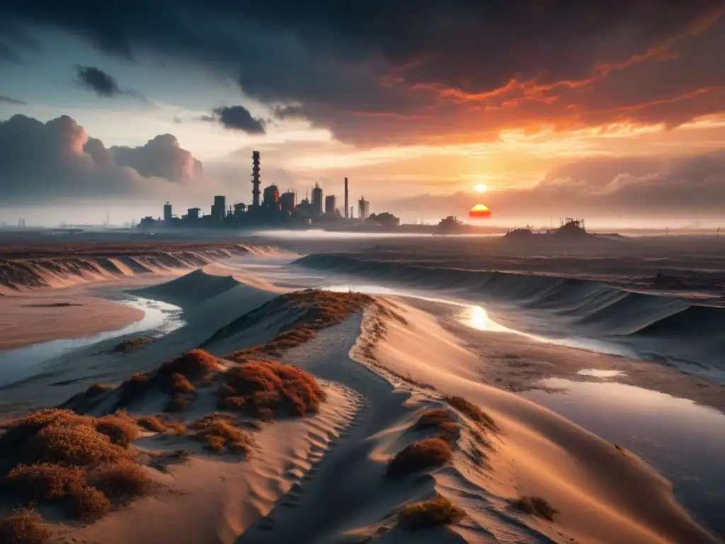 Un paisaje postapocalíptico vasto y desolado, con estructuras metálicas retorcidas y un sol rojo