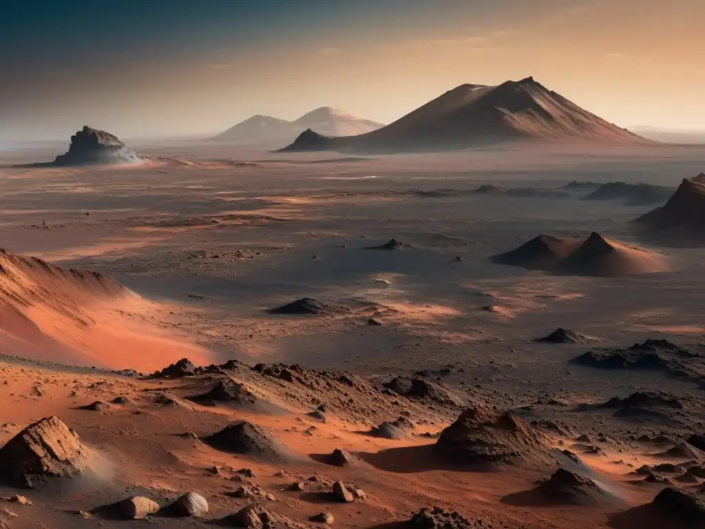 Un paisaje rojo marciano detallado con el rover Curiosity explorando, evocando las leyes de la física en 'El Marciano'