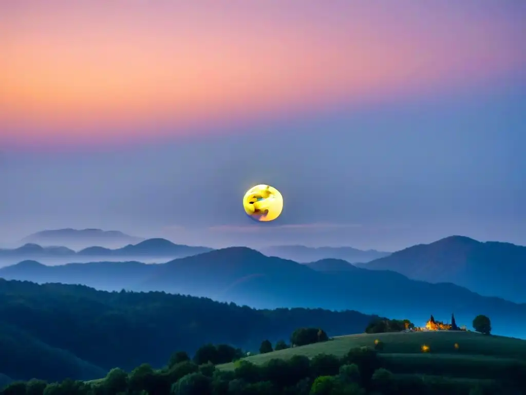 Un paisaje sereno iluminado por la impactante superluna, resaltando su textura y cráteres, con estrellas brillando en el cielo