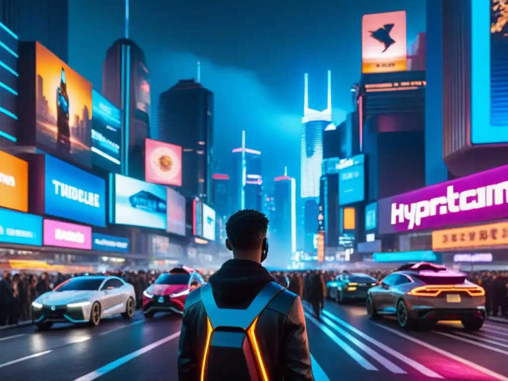 Un paisaje urbano futurista bullicioso de noche, iluminado por luces de neón y vallas publicitarias holográficas, con rascacielos imponentes que se elevan hacia el cielo y coches voladores zumbando por encima