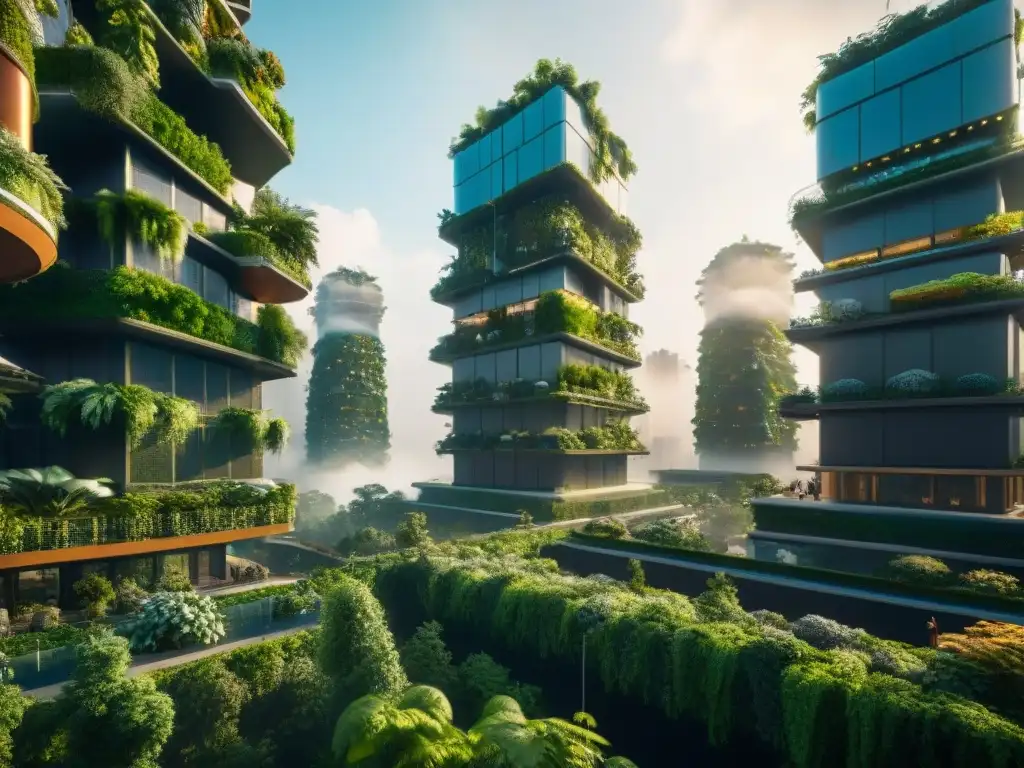 Un paisaje urbano futurista construido con materiales sostenibles, jardines verticales y fuentes de energía renovable