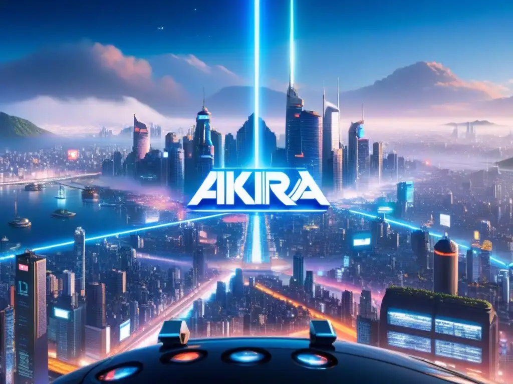 Futurista ciudad nocturna con holograma de 'Akira' Un paisaje urbano futurista inspirado en el legado Akira del anime ciencia ficción, con rascacielos iluminados y autos voladores