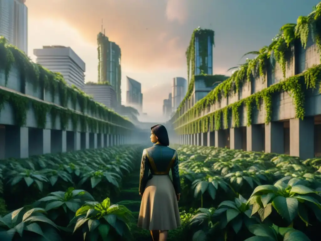 Un paisaje urbano futurista invadido por una exuberante vegetación, donde la naturaleza y los animales desafían a los humanos