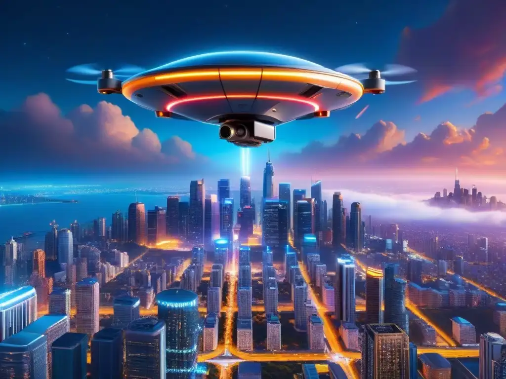 Un paisaje urbano futurista lleno de rascacielos y luces neón, con drones tecnológicos vigilando la ciudad de noche