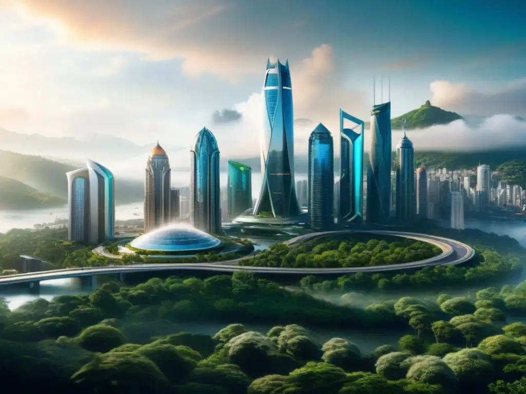 Un paisaje urbano futurista en el planeta Caprica, donde la tecnología se fusiona con la naturaleza