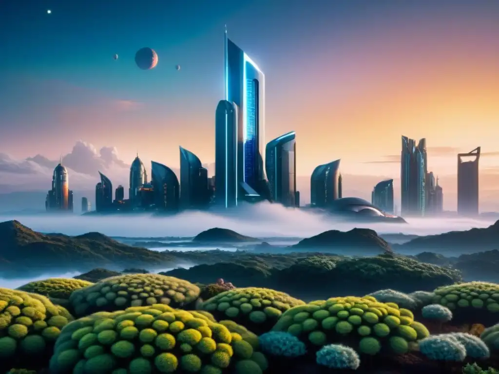 Un paisaje urbano futurista en un planeta distante, con edificios metálicos avanzados bajo un cielo estrellado, rodeado de flora y fauna alienígena