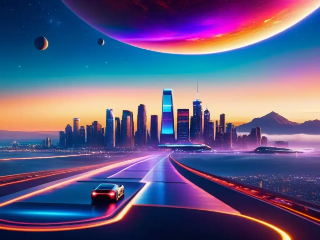 Un paisaje urbano futurista en un planeta alienígena con rascacielos metálicos, hologramas y naves espaciales, bajo un atardecer alienígena