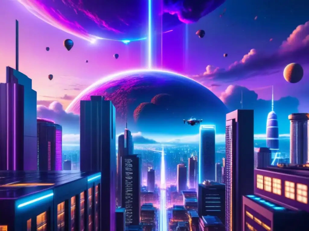 Un paisaje urbano futurista con rascacielos, autos voladores y luces de neón, en un universo paralelo de videojuegos de ciencia ficción