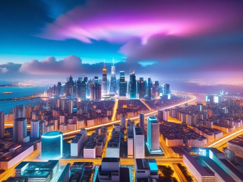 Un paisaje urbano futurista en ciencia ficción, con satélites artificiales iluminando la ciudad de noche