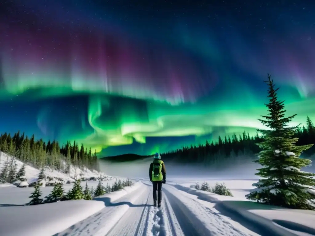 Un paisaje de aurora boreal verde brillante sobre un cielo estrellado, el Cazador de auroras espaciales