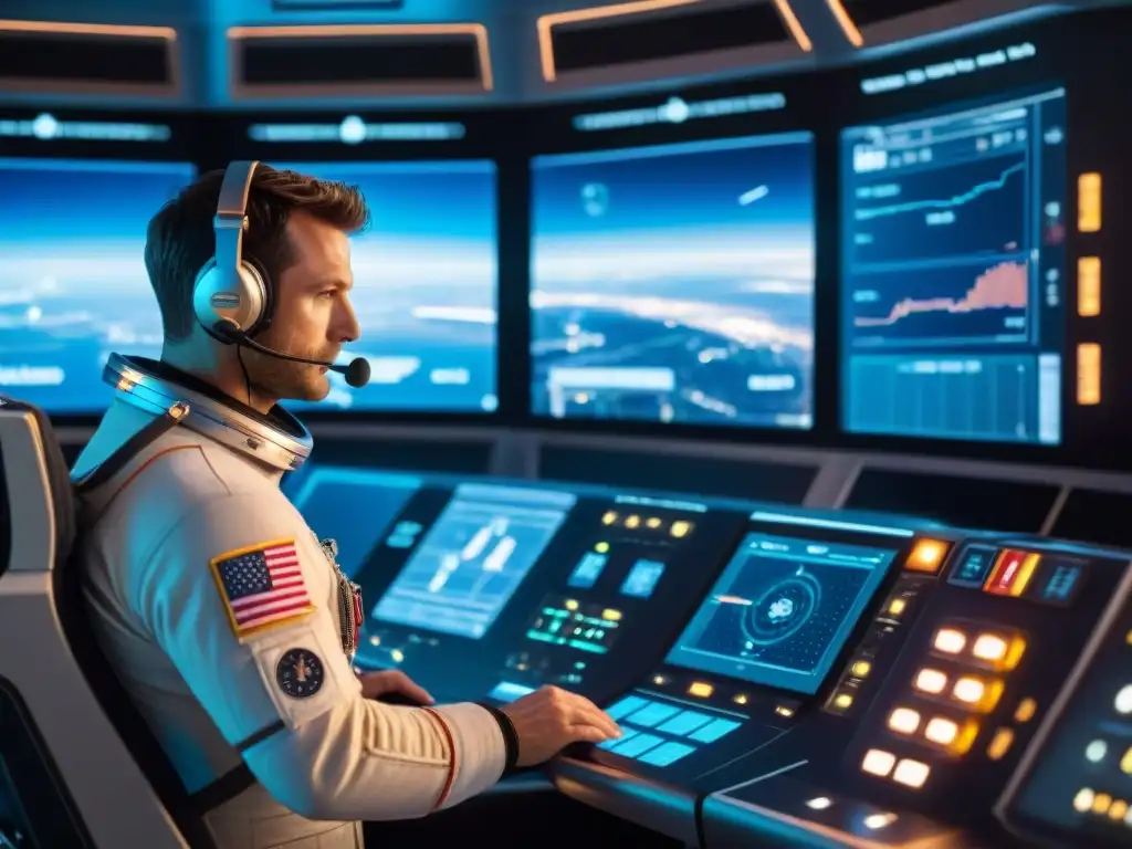 Panel de control de nave espacial con tecnologías de navegación en el universo, botones y pantallas brillantes, astronauta concentrado reflejado