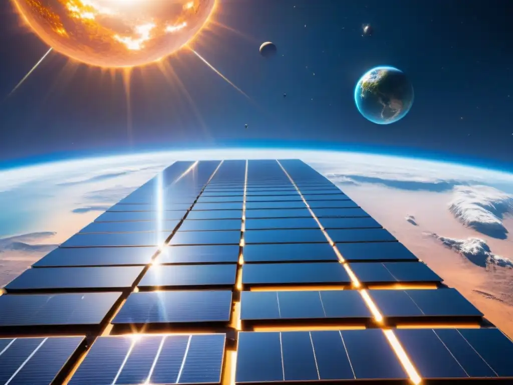 Un panel solar futurista en el espacio, reflejando rayos cósmicos con la Tierra de fondo