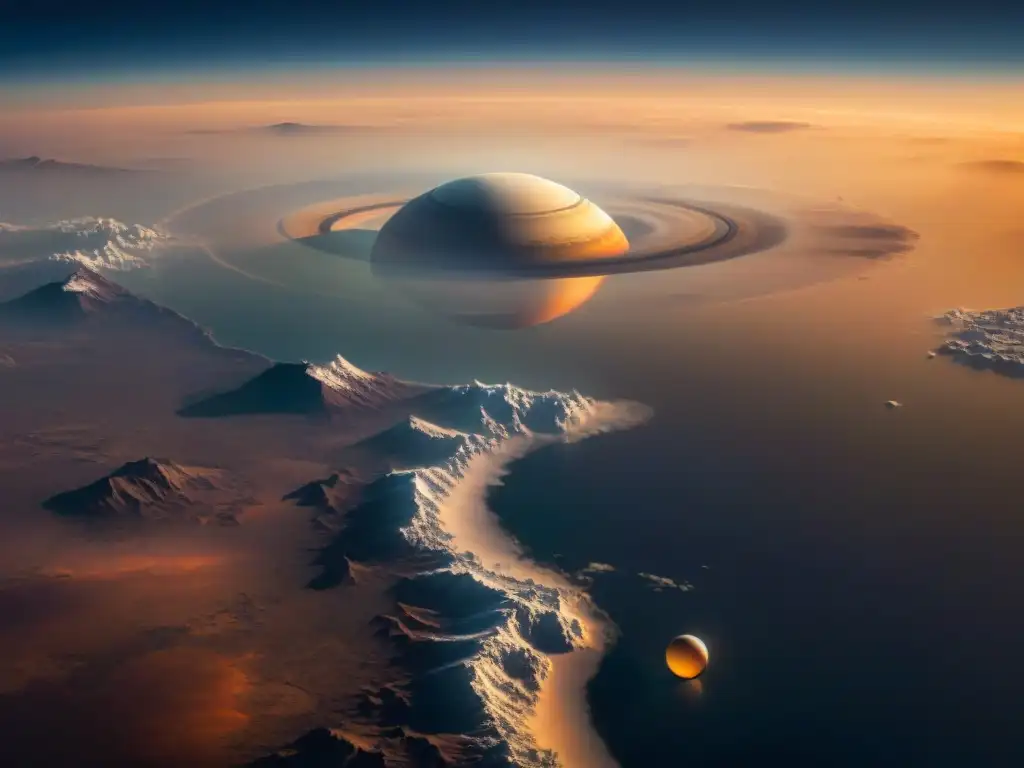 Paralelismos entre Titán y Tierra: paisaje alienígena de Titán, con atmósfera naranja y nubes sobre su superficie helada, Saturno de fondo