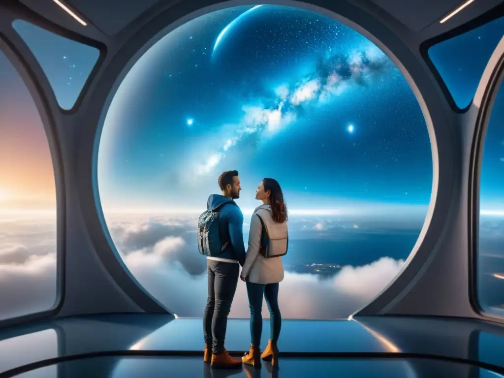 Una pareja anhela amor interestelar en vasta estación espacial mirando la Tierra desde lejos