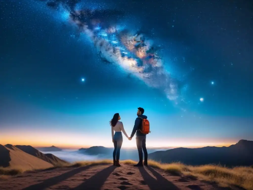 Una pareja contempla nave espacial despegando hacia el espacio estrellado