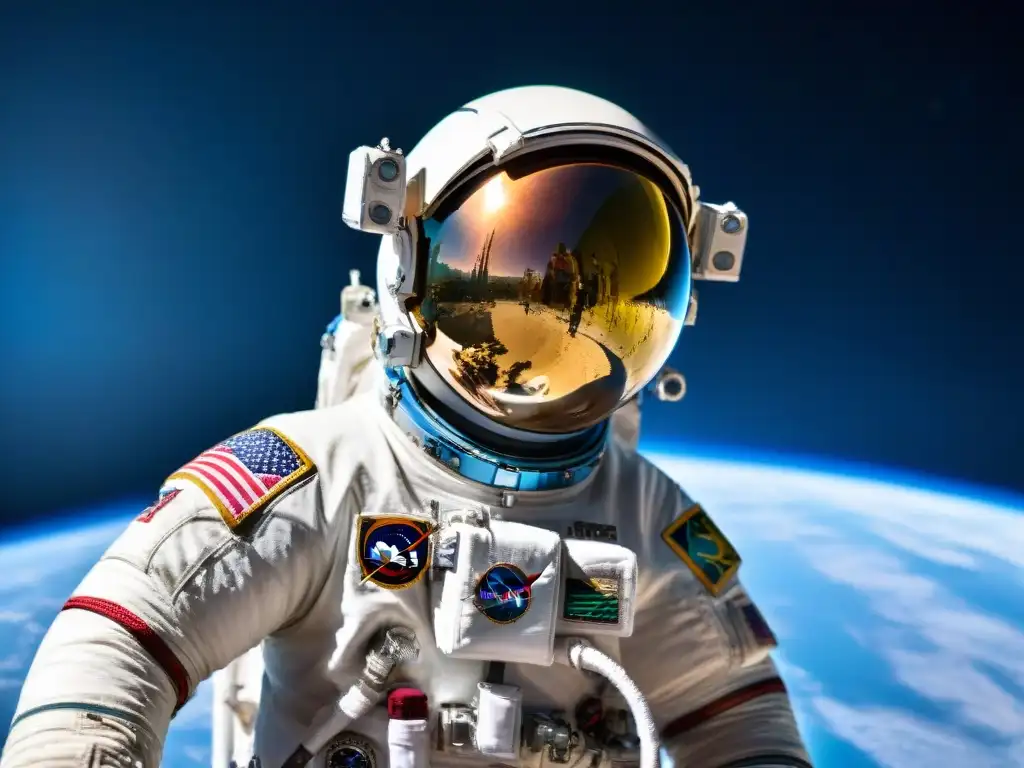 Luca Parmitano caminata espacial historia: Astronauta flotando en el espacio con la Tierra de fondo, reflejada en su visor