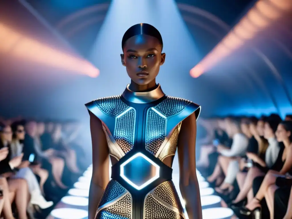 Desfile galáctico: moda futurista en el espacio Una pasarela futurista en el espacio, con moda influenciada por la ciencia ficción, modelos y escenografía galáctica