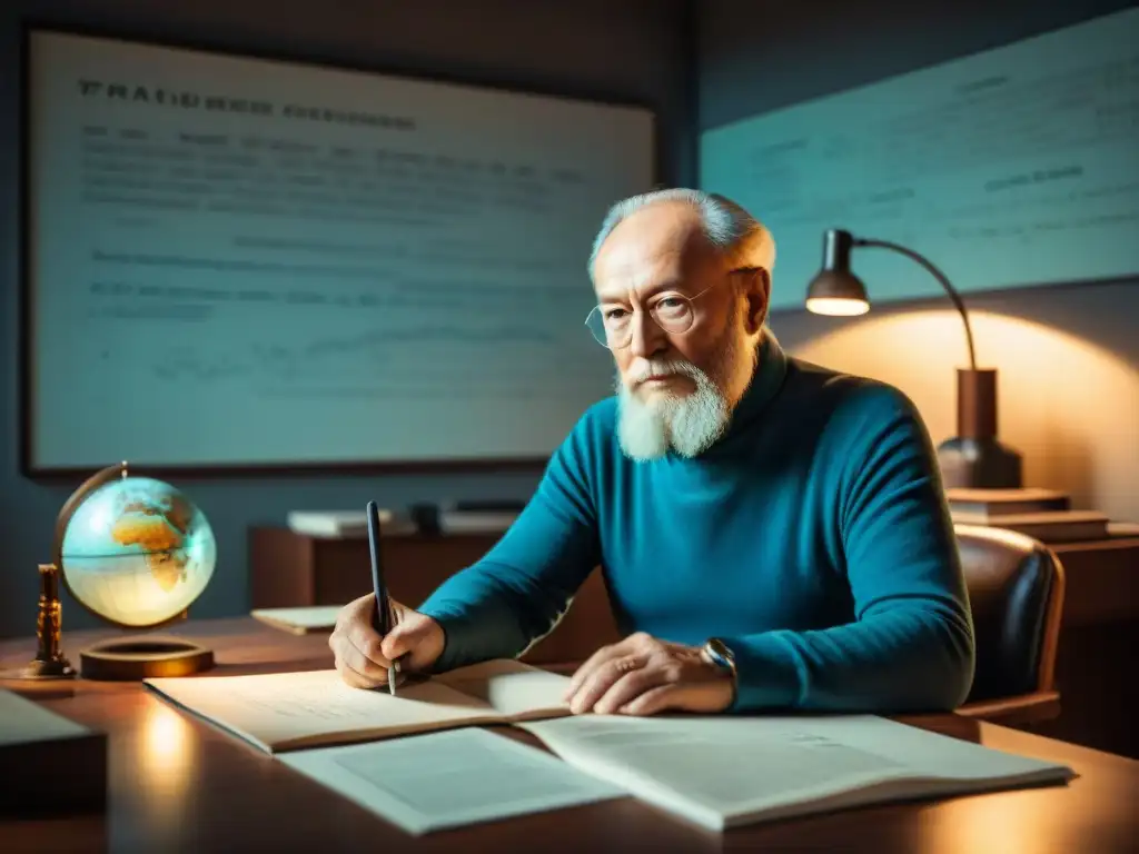 En la penumbra, Konstantin Tsiolkovsky se concentra en su trabajo astronáutico, rodeado de bocetos y ecuaciones