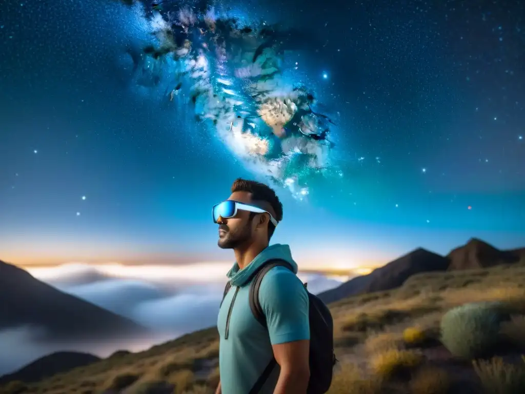 Persona con gafas de realidad aumentada bajo un cielo estrellado, fusionando tecnología y cosmos