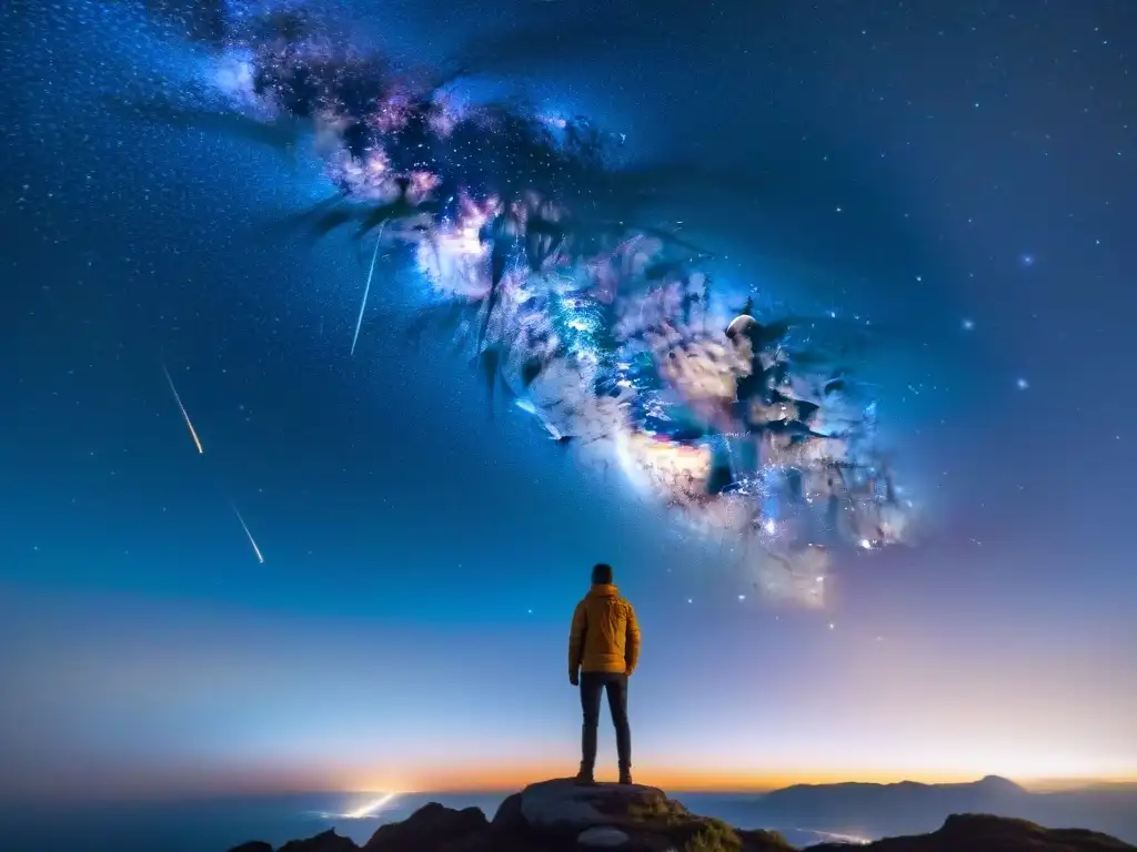 Persona admirando lluvia de estrellas en el cielo nocturno, alertas lluvias estrellas móvil