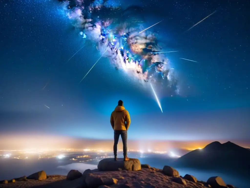 Persona maravillada observando lluvia de meteoros en la noche estrellada