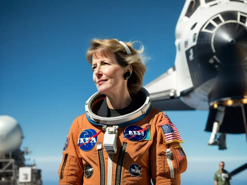 Eileen Collins piloto transbordador espacial mirando al cielo desde el transbordador espacial, con la Tierra de fondo