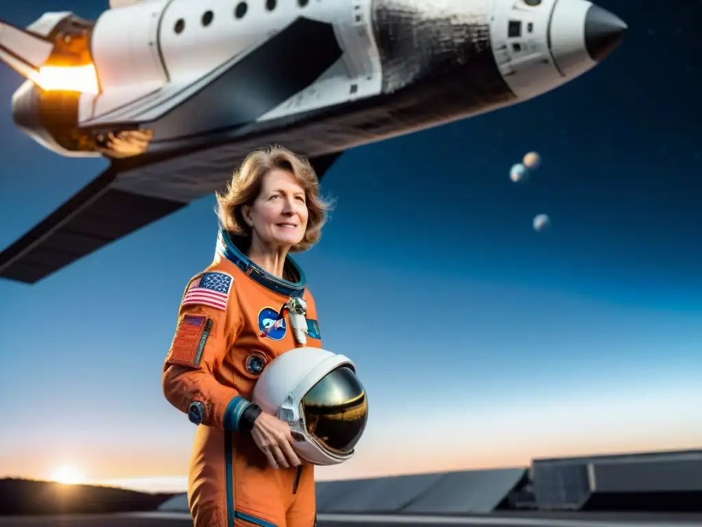 Eileen Collins piloto transbordador espacial, reflejando determinación y espíritu pionero ante la inmensidad del espacio