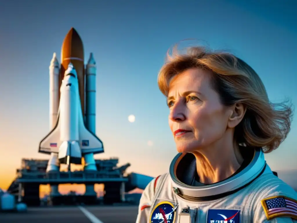 Eileen Collins piloto transbordador espacial, lista para el lanzamiento en su traje de astronauta con la nave espacial al fondo al atardecer