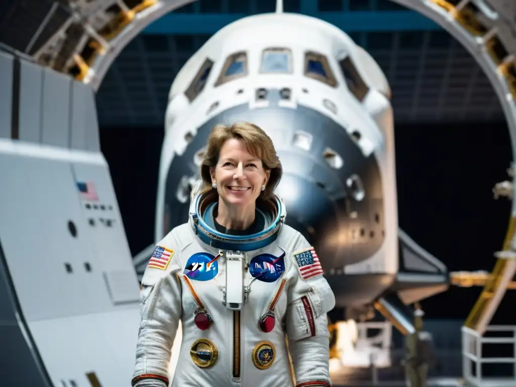 Eileen Collins piloto transbordador espacial, orgullosa frente al Discovery, con la Tierra de fondo