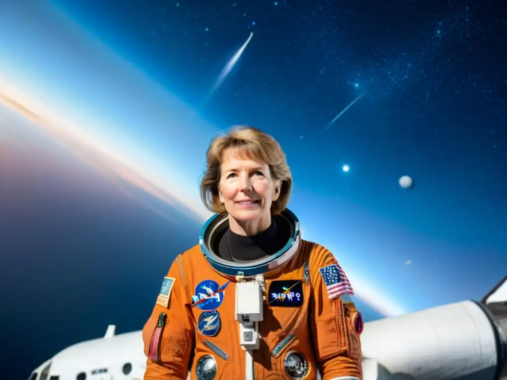 Eileen Collins piloto transbordador espacial, radiante ante el cosmos estrellado, simbolizando su histórico viaje