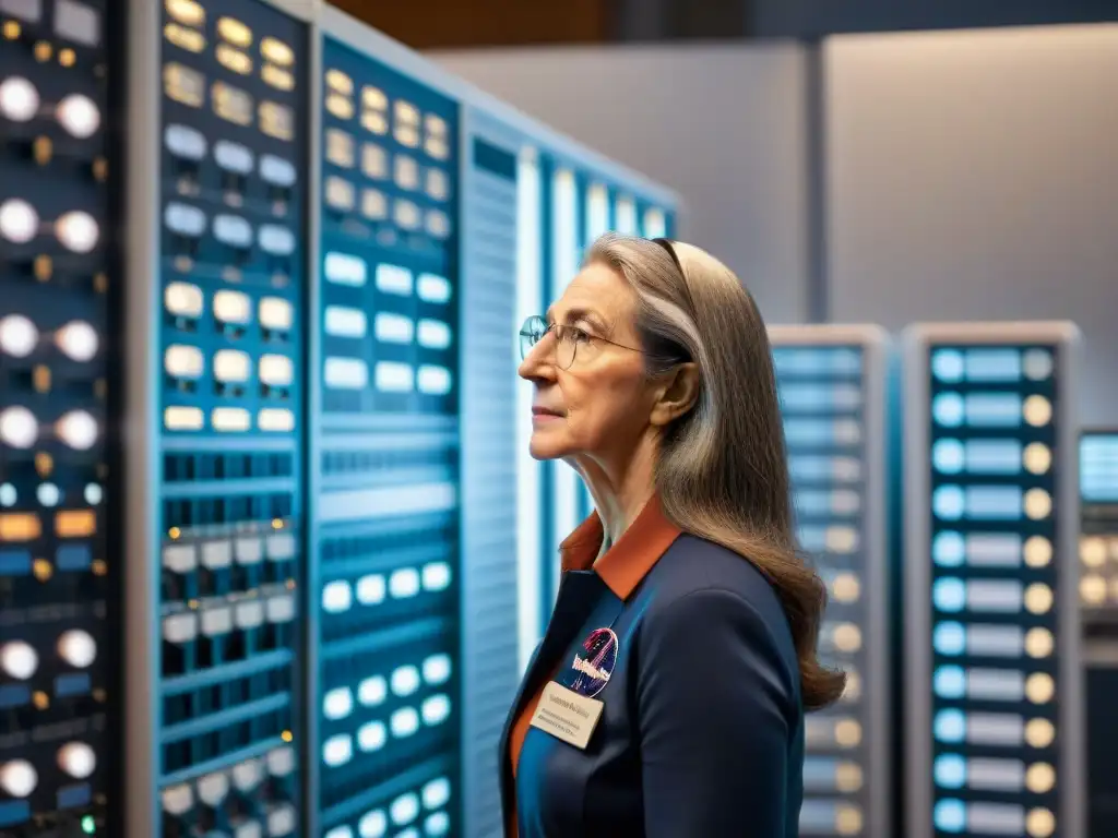 La pionera Margaret Hamilton inspecciona códigos en NASA, rodeada de tecnología espacial vintage