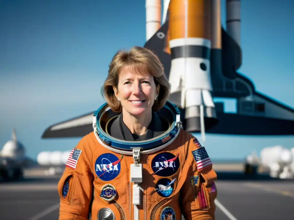 Eileen Collins, una pionera en traje de astronauta frente al transbordador espacial Discovery, con la Tierra de fondo