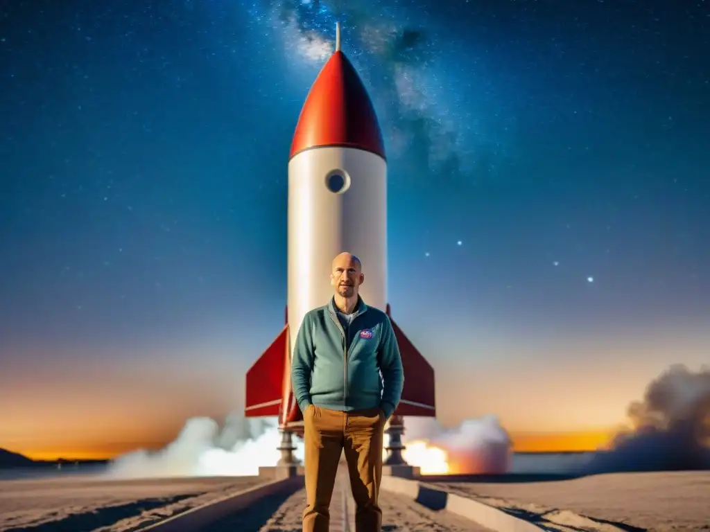 Pionero propulsión cohetes Robert Goddard de pie junto a su prototipo, mirando hacia el cosmos estrellado con determinación y visión