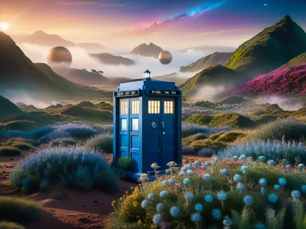 La TARDIS materializándose en un planeta alienígena, rodeada de flora y fauna exótica