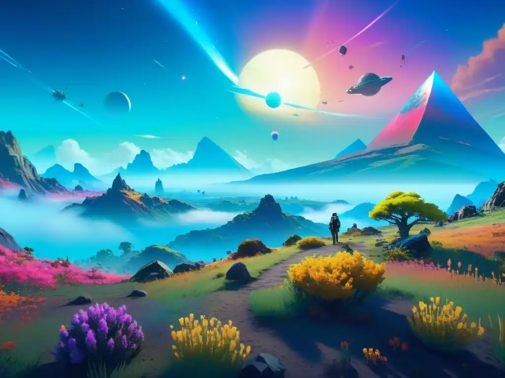 Explora un planeta alienígena vibrante en 'No Man's Sky', con flora colorida y un doble atardecer