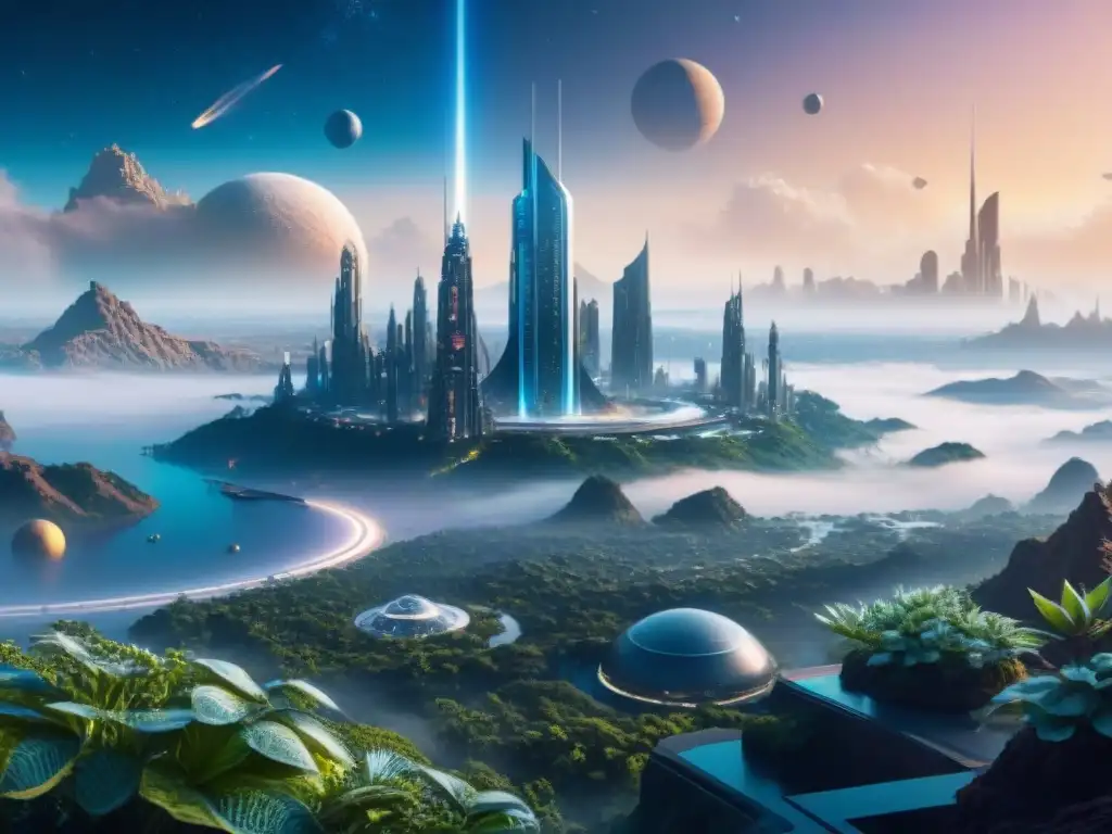 Maravillosa exploración en un planeta distante, ciudad futurista rodeada de naturaleza alienígena y naves espaciales avanzadas