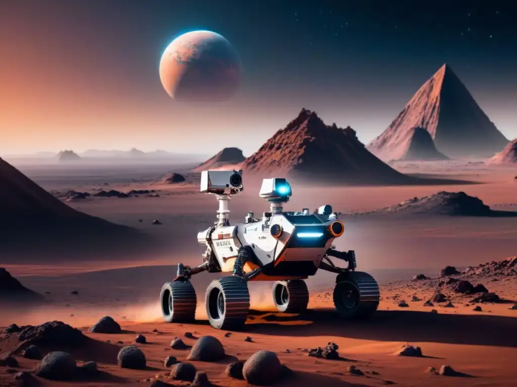 Exploración en un planeta distante con rover futurista y paisaje alienígena, destacando la Ética inteligencia artificial robótica espacial