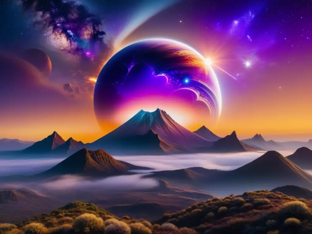 Planeta exótico con atmósfera púrpura vibrante, cristales que reflejan luz y vida bioluminiscente alienígena, mostrando bioquímicas alternativas para la vida