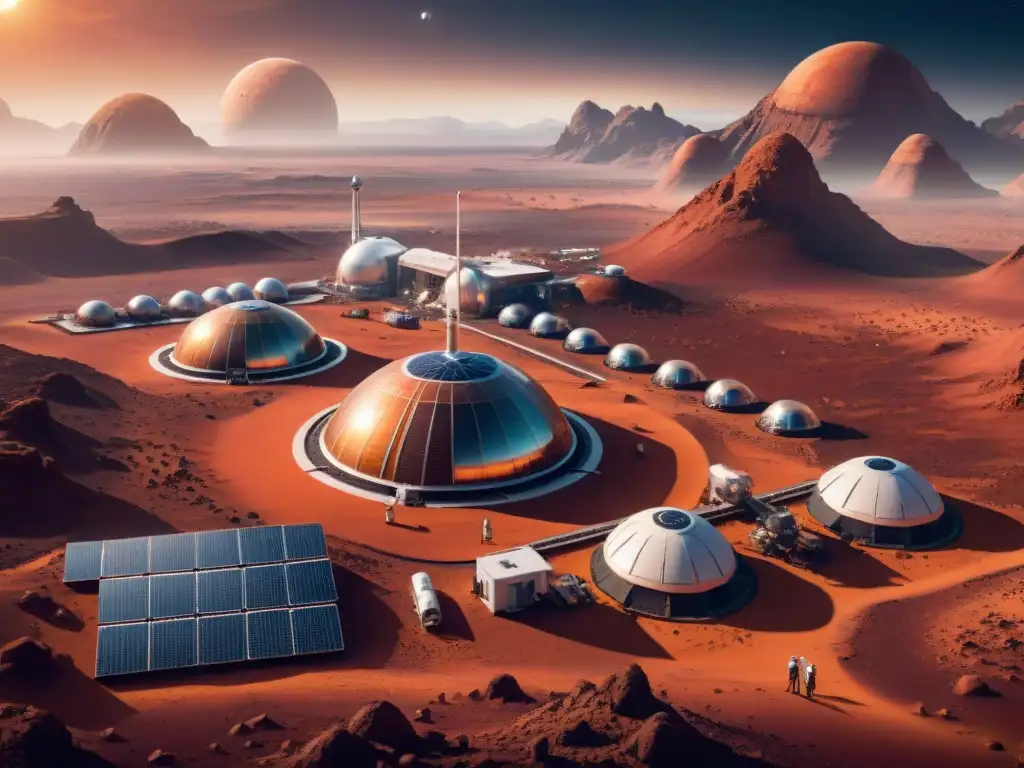 Colonización de otros planetas en el futuro: Colonia espacial en Marte con tecnología avanzada y astronautas realizando experimentos y tareas