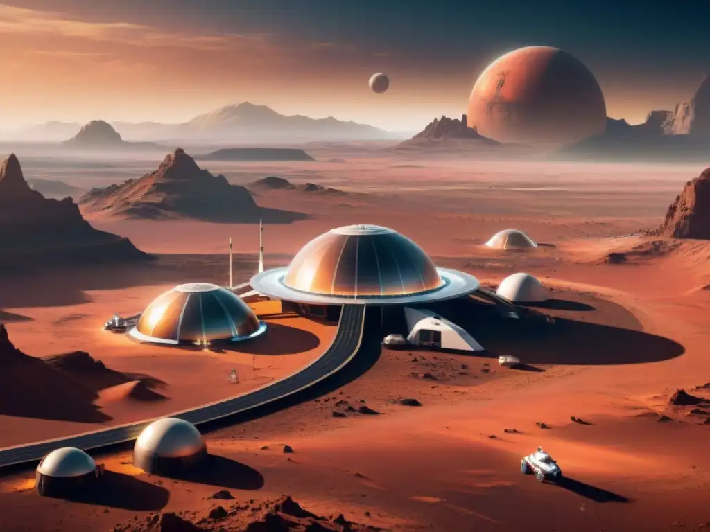 Colonización de otros planetas en el futuro: Una colonia futurista en Marte con tecnología avanzada y paisaje marciano