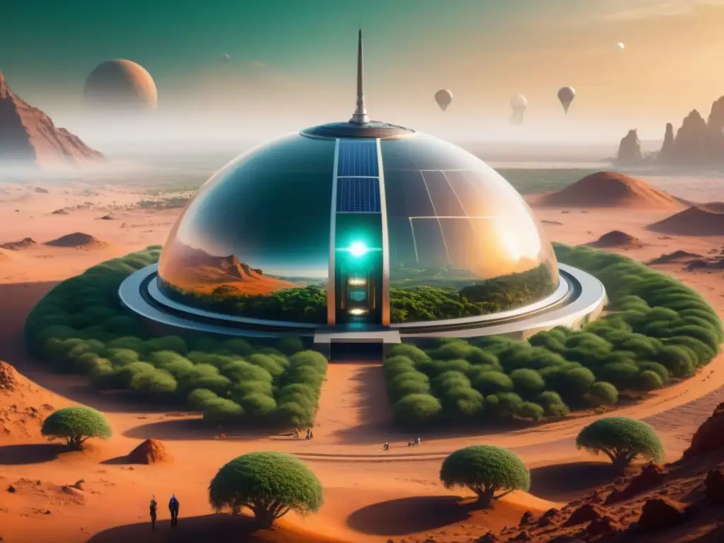 Colonización de otros planetas en el futuro: Una colonia futurista en Marte con tecnología avanzada, vegetación exuberante y actividad humana