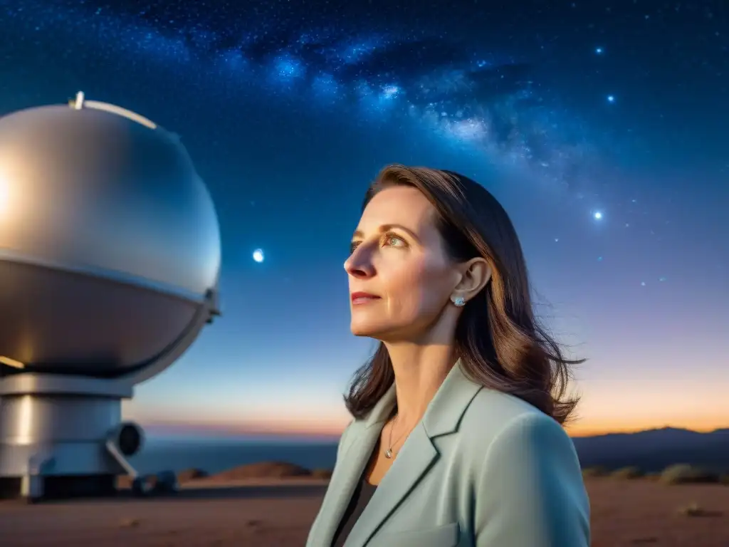 La científica Sara Seager explorando planetas habitables bajo un cielo estrellado, lleno de curiosidad y determinación