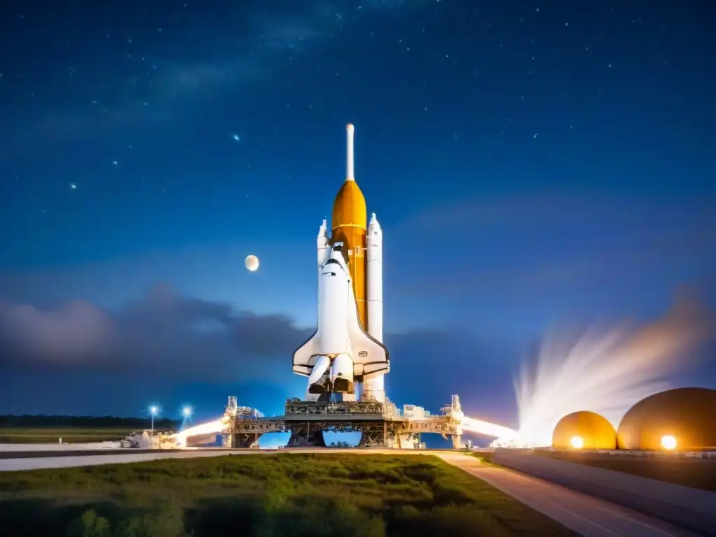 Plataforma de lanzamiento histórica iluminada bajo el cielo estrellado de Florida