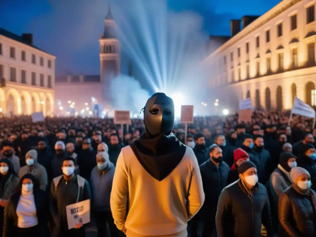 Una plaza llena de energía y resistencia en V de Vendetta, con mensajes poderosos y unidad en la noche